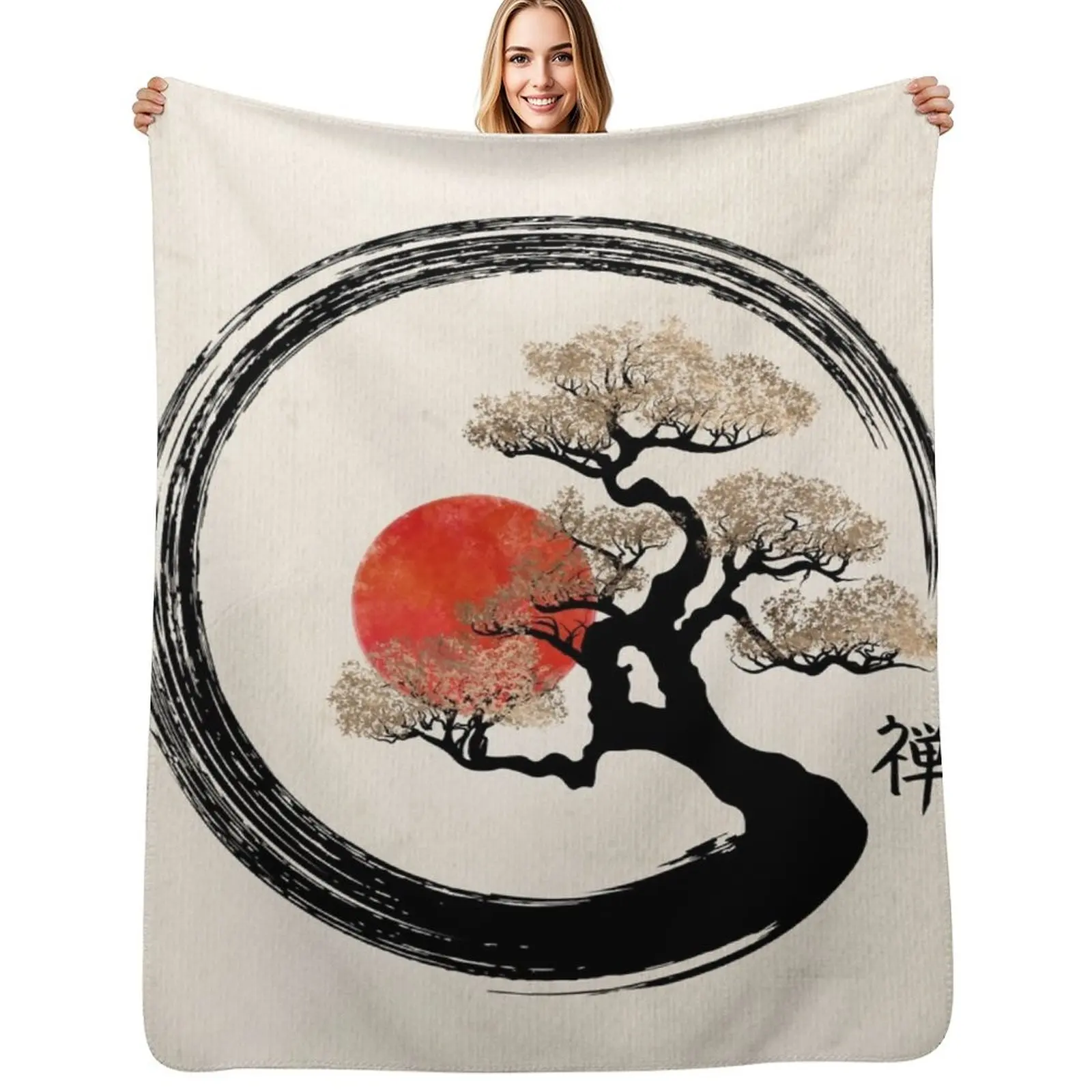 

Enso Circle and Bonsai Tree on Canvas Throw Blanket Warm Napping Blanket for Office Couch Bed