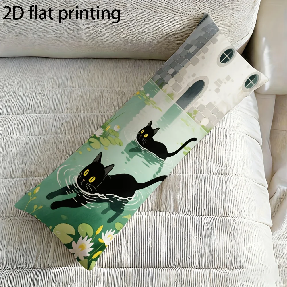 2D Flat - Long Pillowcase, 2D Printed Design Featuring a Black Cat Swimming in a Lily Pond Pattern, Made of Durable Fabric, Full