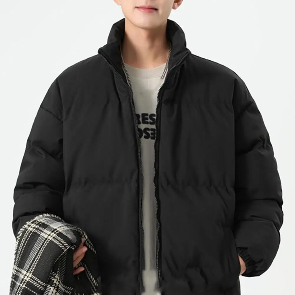 Men Winter Cotton Jacket Men\'s Stand Collar Cotton Down Coat with Zipper Placket Pockets Solid Color Quilted Outwear for Winter