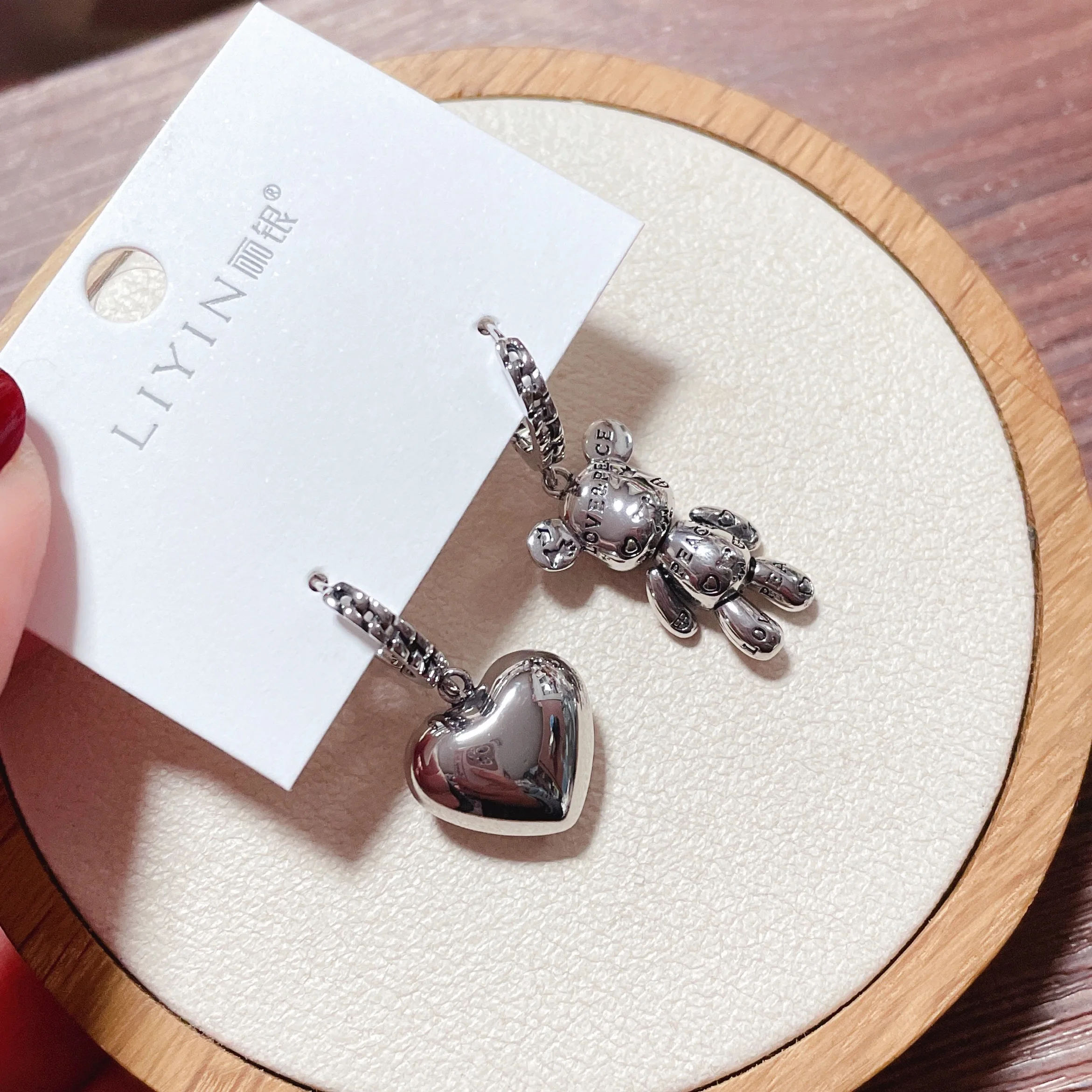 Hot Sell Elegant Asymmetric Bear & Love Heart 925 Silver Needle Ladies Tassels Stud Earrings Jewelry For Women Gifts No Fade