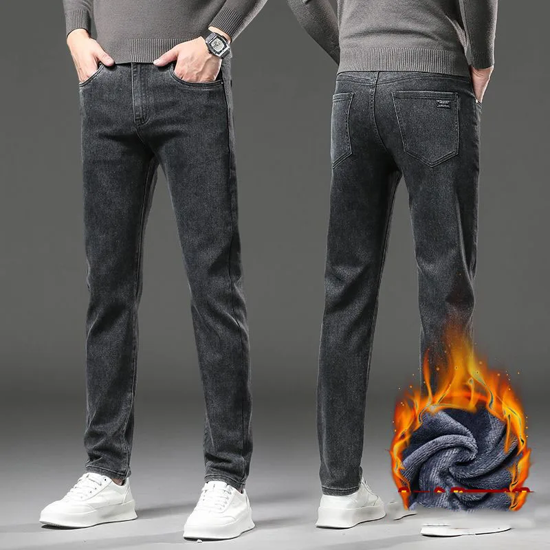 Men's Winter Stretch Fleece Jeans Thickened Warm Loose Straight Velvet Denim Trousers Classic Business Casual Black Work Pants