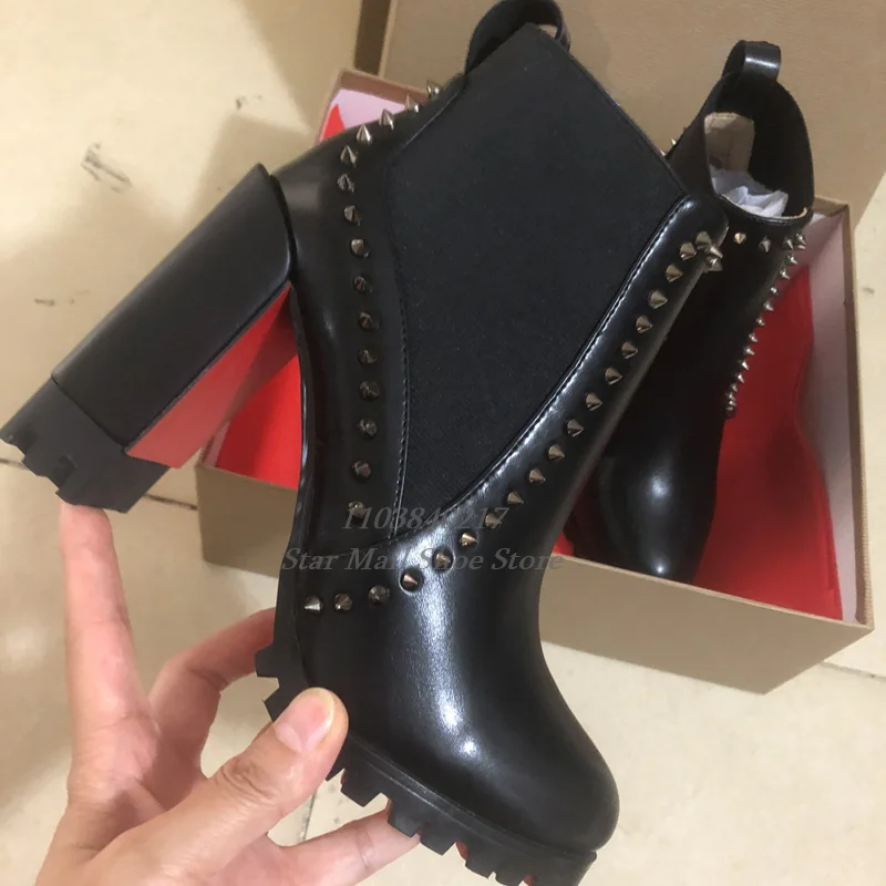 Women's Platform Leather Cloth Fabric Splicing Short Boots Round Toe Rivet Decor Slip On Rider Boots Winter Street Neutral Style