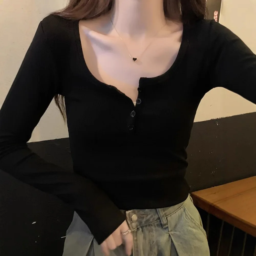 T Half Collar Spice Girl Slim T-shirt Women's Base Shirt Spring New 2025 Maillard Thread Button Long Sleeve Top