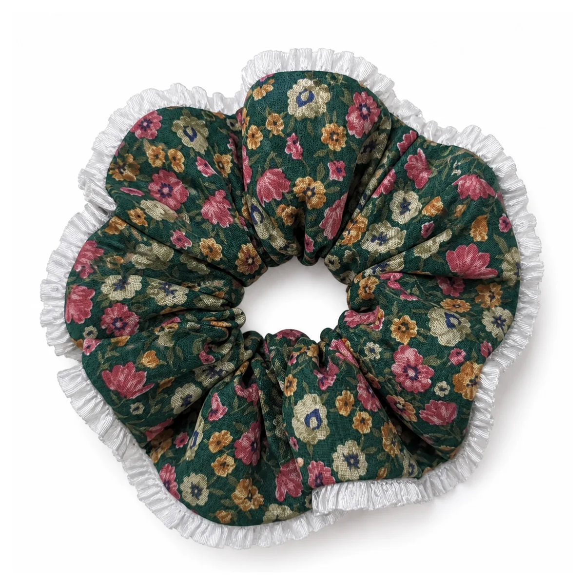 deep-forest-green-vintage-floral-double-layer-ruffled-hair-scrunchie-with-white-pleated-trim