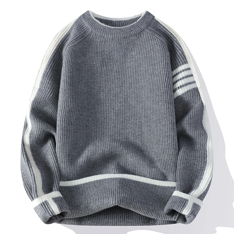 Men's Clothing Crew Neck Contrast Color Pullover Long Sleeve Sweater Knitted Casual Autumn Winter Screw Thread Vintage Tops