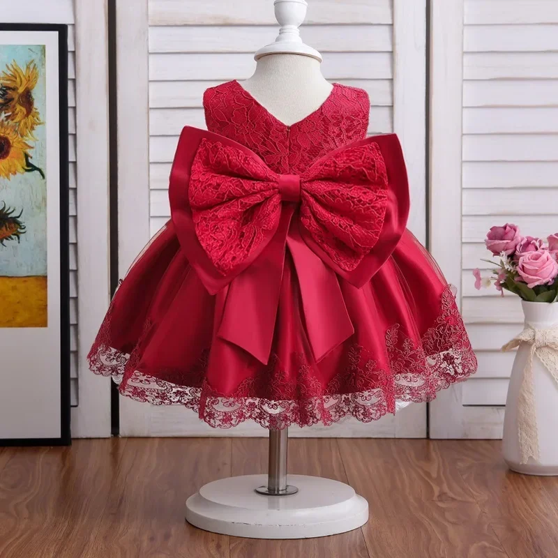 Baby Girl Lace Birthday Dress Toddler Kids Wedding Tutu Gown Big Bow Princess Dresses Baby Ceremony Baptism Party Dress