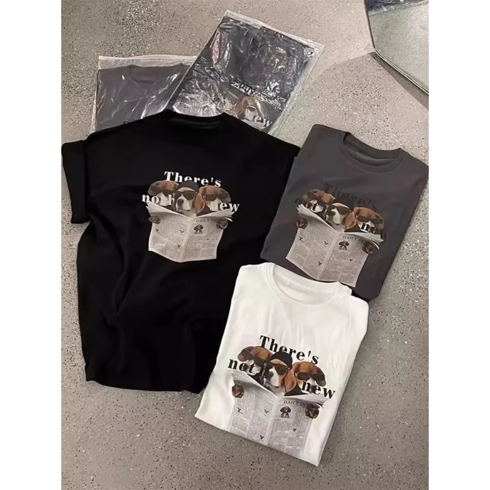 

motorcycle 2025 Summer fashion cartoon dog print top men and women with the same base loose and heavy cotton crew neck T-shirt