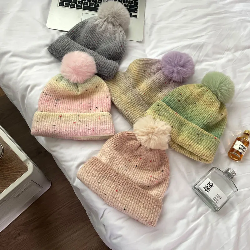 Winter Cute Gradient Speckled Knit Beanie With Faux Fur Pom Pom Thick Warm Ribbed Cuffed Soft Acrylic Cap For Women Men Couples