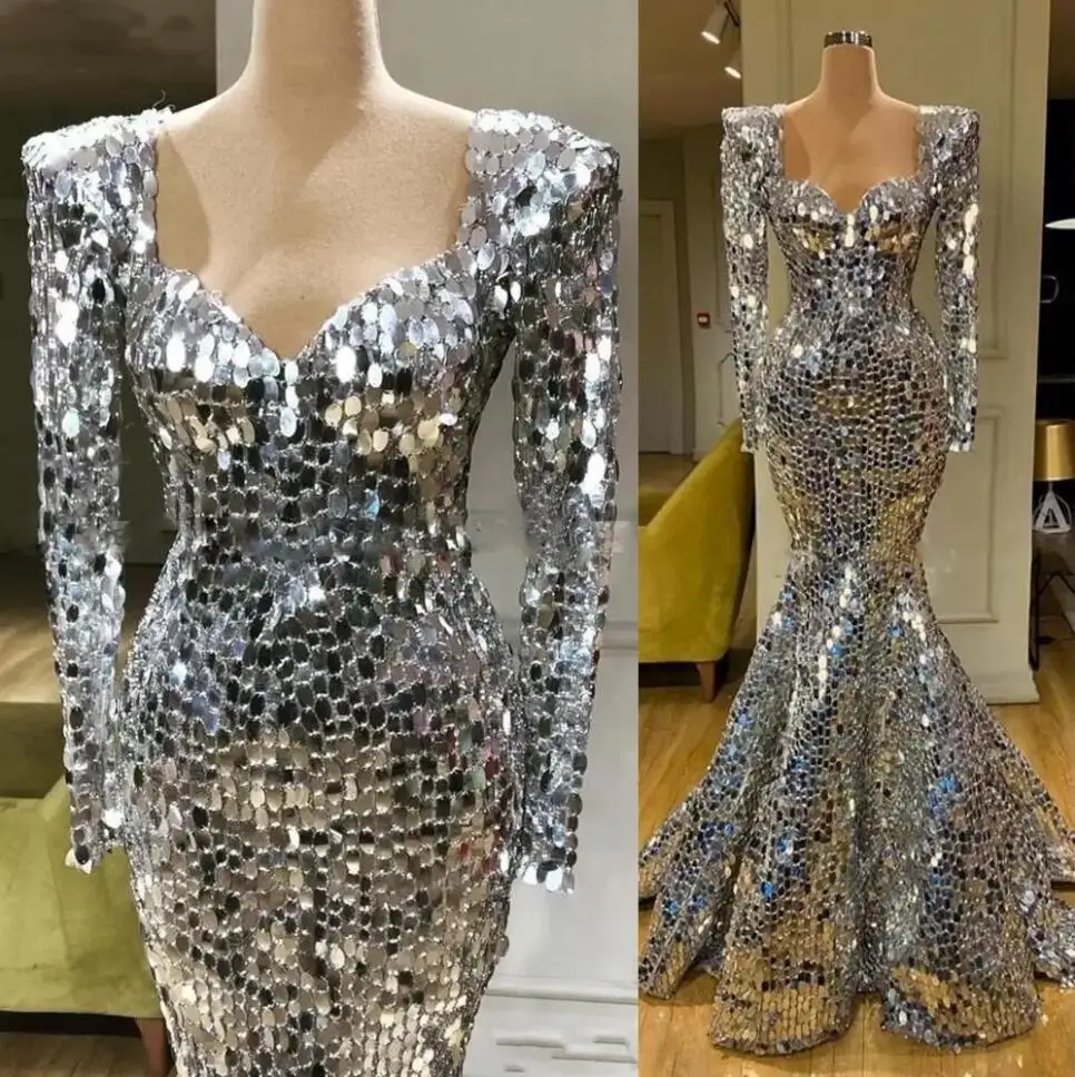 Sparkly Sequins Silver Mermaid prom Dresses Sweetheart Neck Long Sleeves aso ebi african Plus Size Formal evening Occasion Gowns