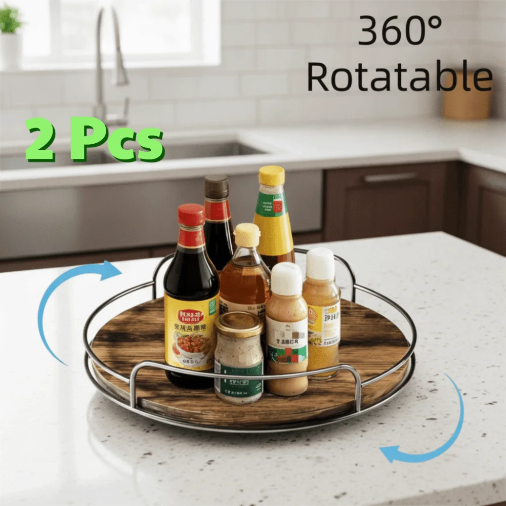 2 Piece Round Wooden Rotating Tray Metal Guard Rail Strong Load-bearing Capacity Seasoning Bottle Organizer Turntable