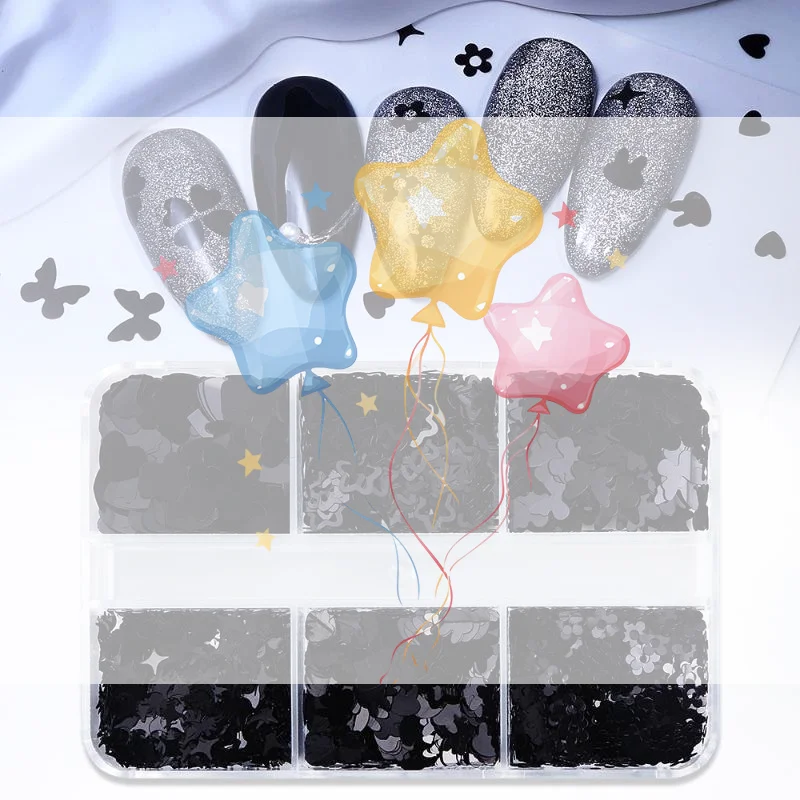 6 Grids Black Heart-shaped Butterfly Star Nail Glitter Mixed Decor Manicure Flakes Paillettes Stunning Seqiuns DIY Nail Manicure