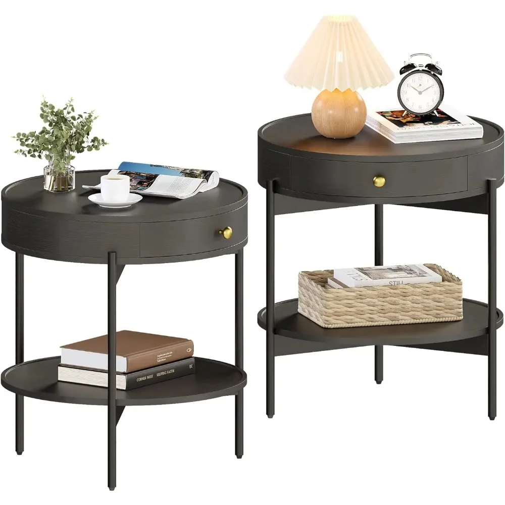 -Beverly Hills Medieval Modern Side Table - Multifunctional Round Bedside Table with Drawers, Black, Set of 2