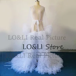 Lo & li branco nupcial robe para boho praia casamento eventos de luxo feminino peignoir vestido inchado manga frete grátis personalizado aniversário robe