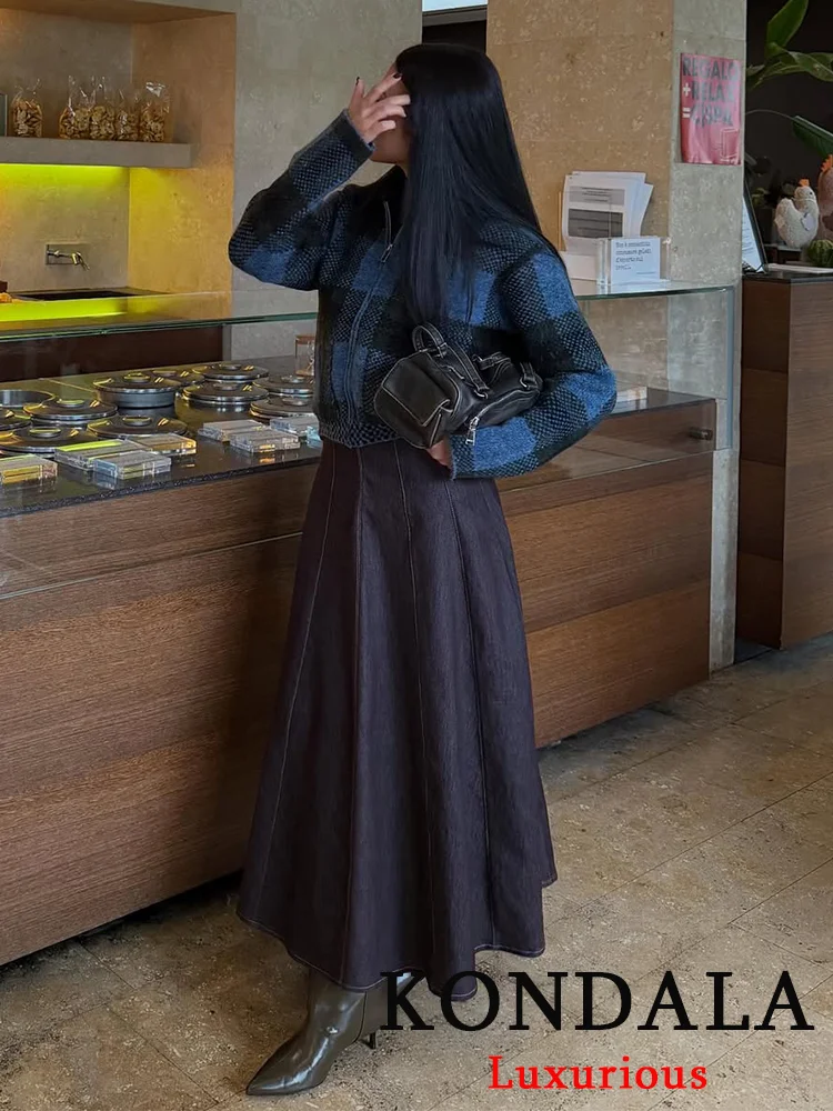 

KONDALA Vintage Casual Chic Women Sweater Plaid Turn-down Collar Long Sleeve Zipper Knitted Coat New Fashion 2025 Autumn Sweater