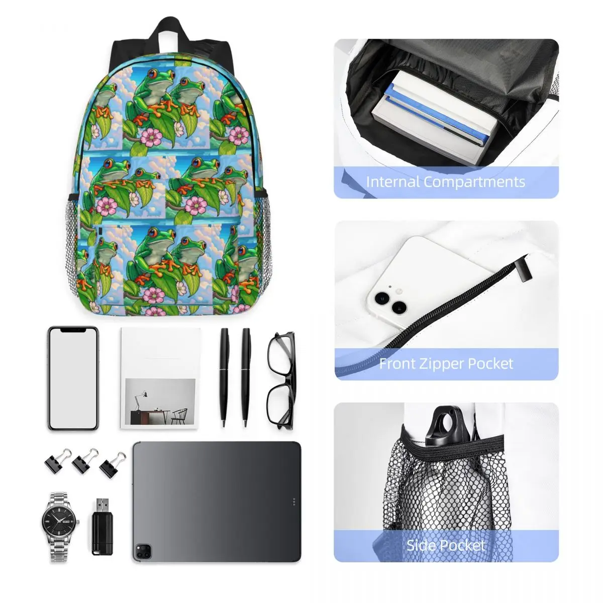 Cartoon Jungle Frogs Backpack Hot Sale Daypack Large Capacity Boys Girls BookBag Shoulder Bags for Men Women School Bag