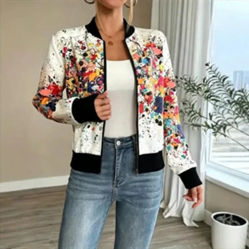 Women's Vintage Graphic Print Bomber Jacket  Colorful Paint Splatter Zip Up Baseball Coat Casual Streetwear Outerwear