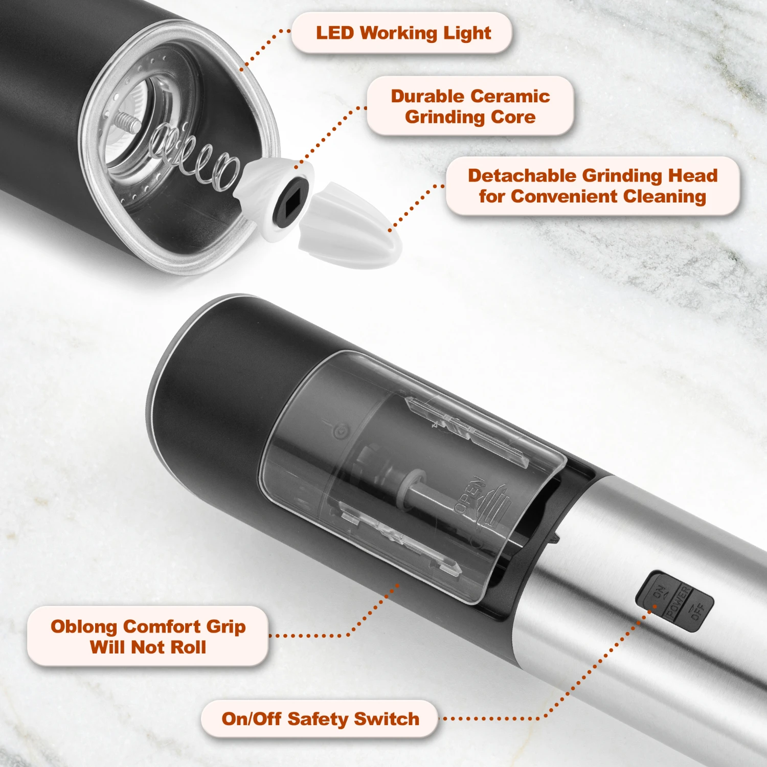 مطحنة أوتوماتيكية لتوابل الملح والفلفل، باللون الأسود والفضي