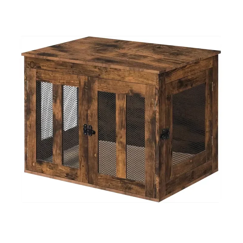 Heavy Duty Dog Crate Furniture with Double Door Country Brown Dog House Multifunctional Removable Pet Tray