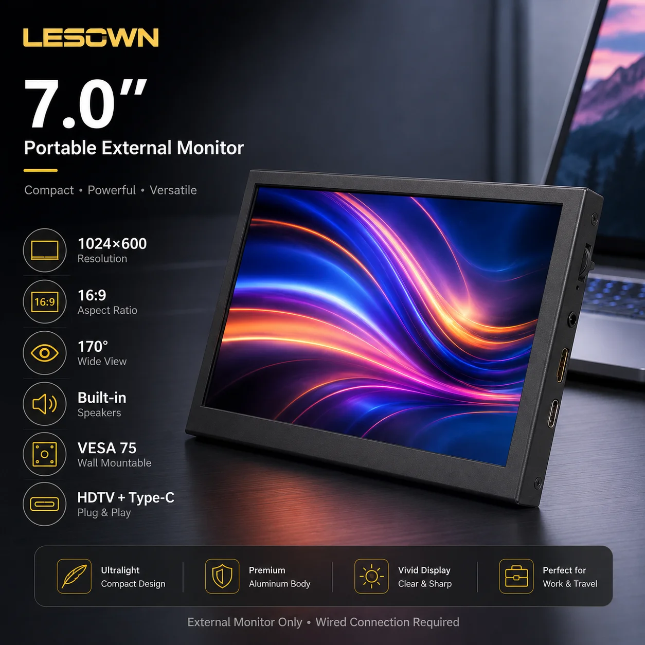 LESOWN 7 inch USB C Small Monitor 1024x600 IPS Mini Wide Touch Screen External Portable Monitor with Stand for Smartphone PC