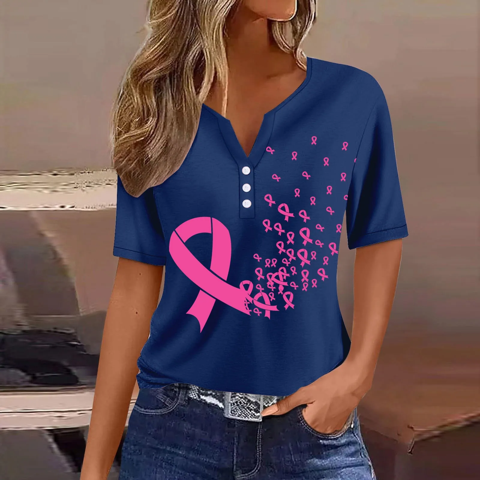 Women's October Pink T-Shirt Breast Cancer Awareness Graphic T Shirts Solid Color Round Neck Short Sleeve Female Tees Cancer