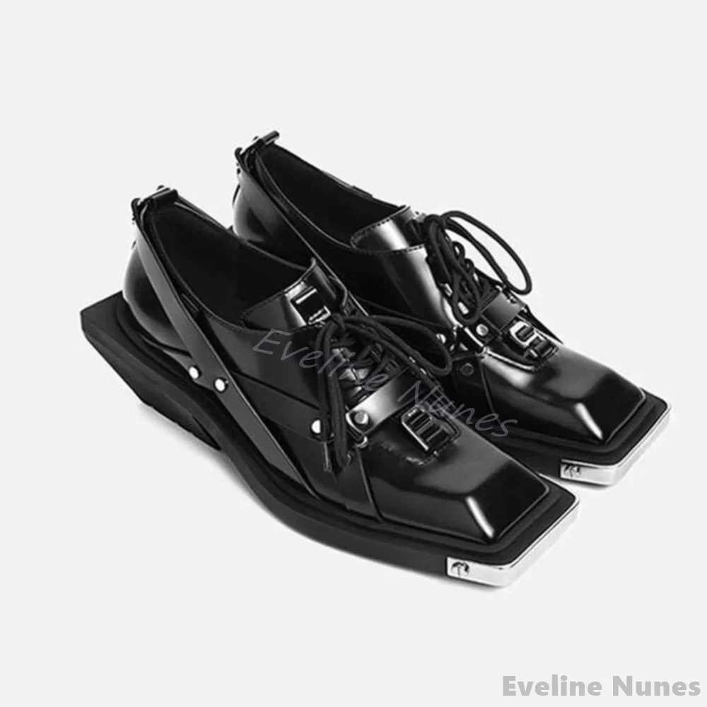 Genuine Leather Metal Square Toe Derby Shoes Men/women Oblique Square Root Cross Tied Casual Shoes 2026 Spring New Hotties Shoes