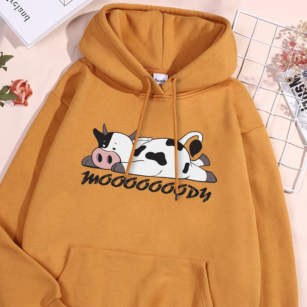 Kawaii Spotted Cow Printing Hoodie Women\'s Autumn Loose Hoody Casual Fleece Sweatshirt Crewneck Pullover Clothing