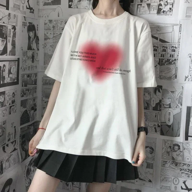 Kawaii Women T-shirt Harajuku Sweet Heart Print Y2k Anime Letter Tops Summer Short Sleeves Ins Tees Aesthetic Female Clothing