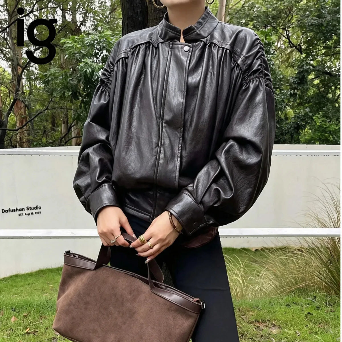 IG Women Stand Collar PU Jacket, Gathered Shoulder Design, Zip‑Button Closure, Drop Shoulder Long Sleeve, Loose Cropped Bomber