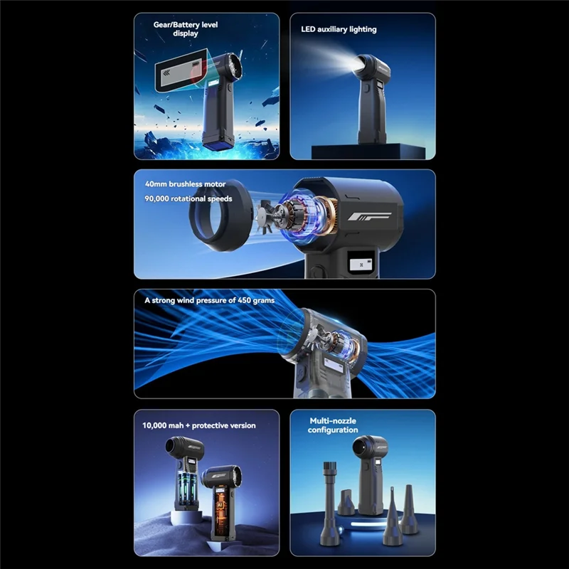 

AT05-Violent Fan 90000RPM Воздуходувка 9 передач Регулируемая скорость Бесщеточный струйный вентилятор Высокоскоростной вакуумный комплект