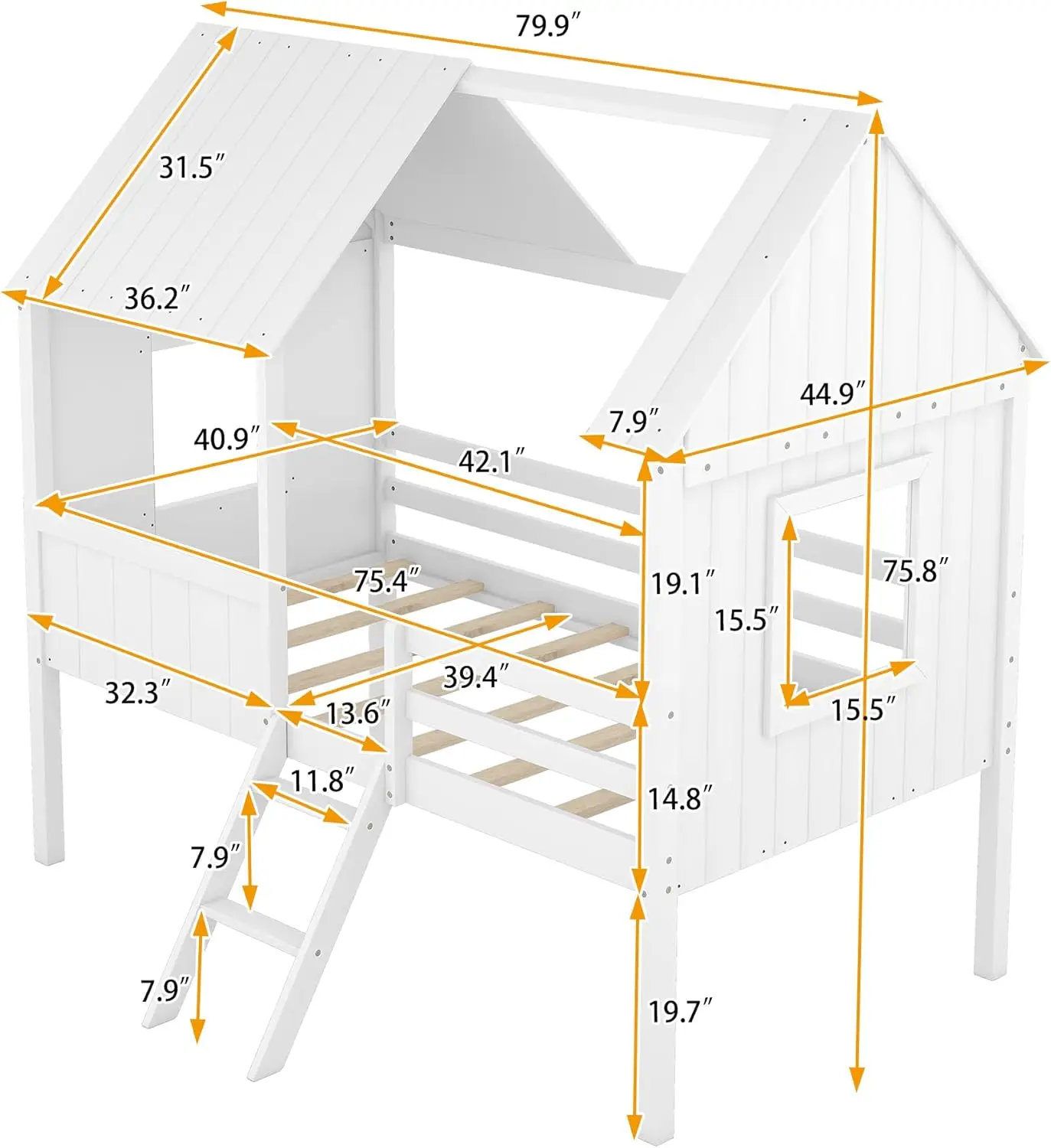 Twin Size Kids Low Loft Wood House Bed With 2 Side Windows And Ladder For Girls Boys Teens, No Box Spring Needed, White Roof