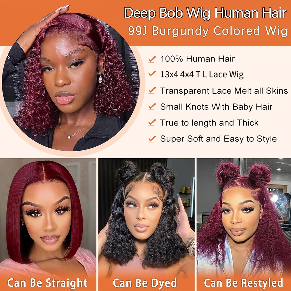 99j Burgundy Deep Bob Wig Human Hair Short Curly Wave 180% Density 13x4 Lace Front Wigs 4x4 T Part Lace Closure Wigs Brazilian view 6