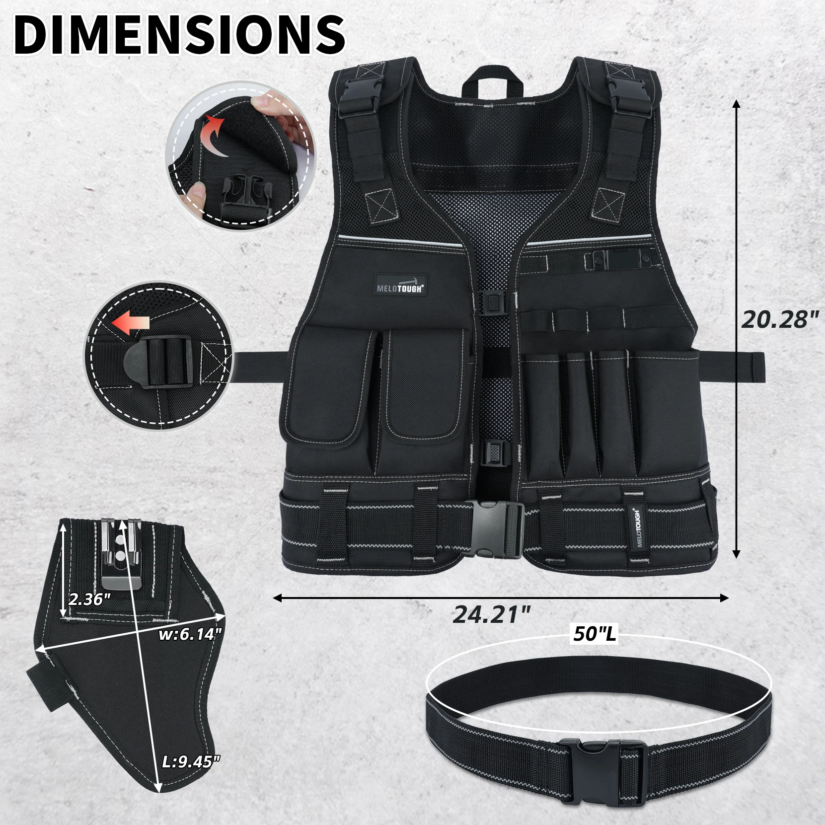 Electrician Tool Vest with Drill Holster, Adjustable Utility Tool Vest with Multi-Pocket Storage, Detachable 2 Inch Wide Belt