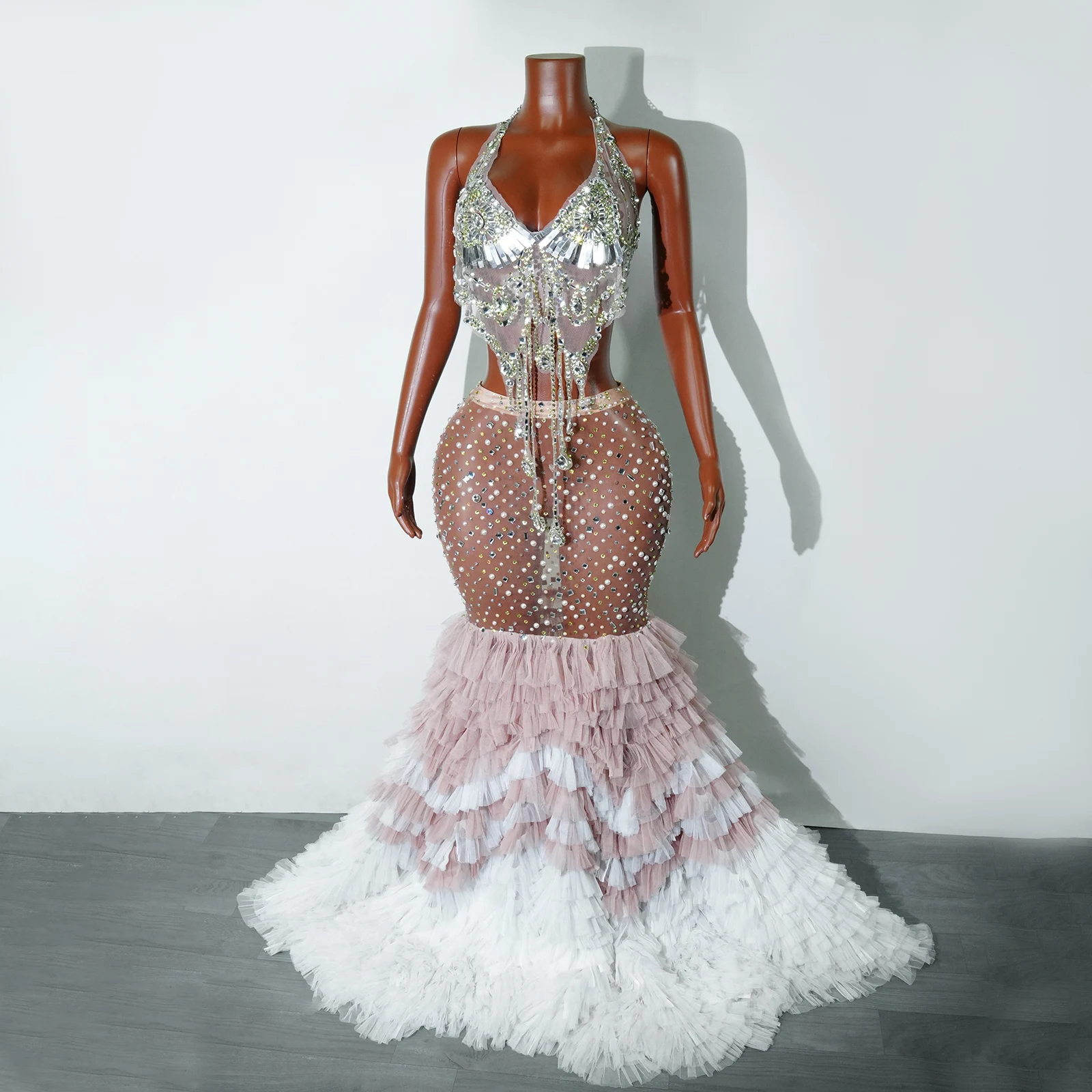 

Sexy Stage Sparkly Rhinestones Pearls Long Feathers Dress Women Birthday Celebrate Wedding Evening Prom Singer Drag Queen Dress