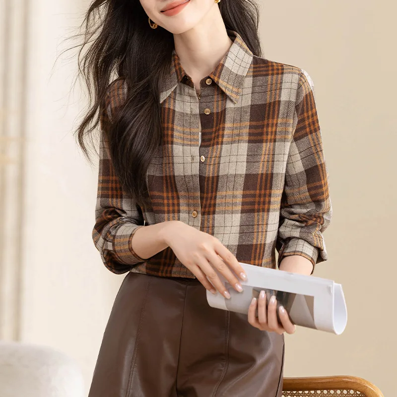 Boweylun Retro Milled Plaid Long Sleeve Shirt Women's Autumn and Winter Medium Long Loose Blouse Tops Famale
