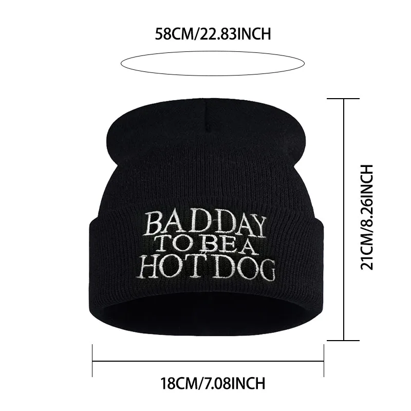 “Bad Day To Be A Hot Dog” Letter-Embroidered Knit Beanie—Adult Warm Fall/Winter Hat, Perfect for Halloween and Christmas Parties