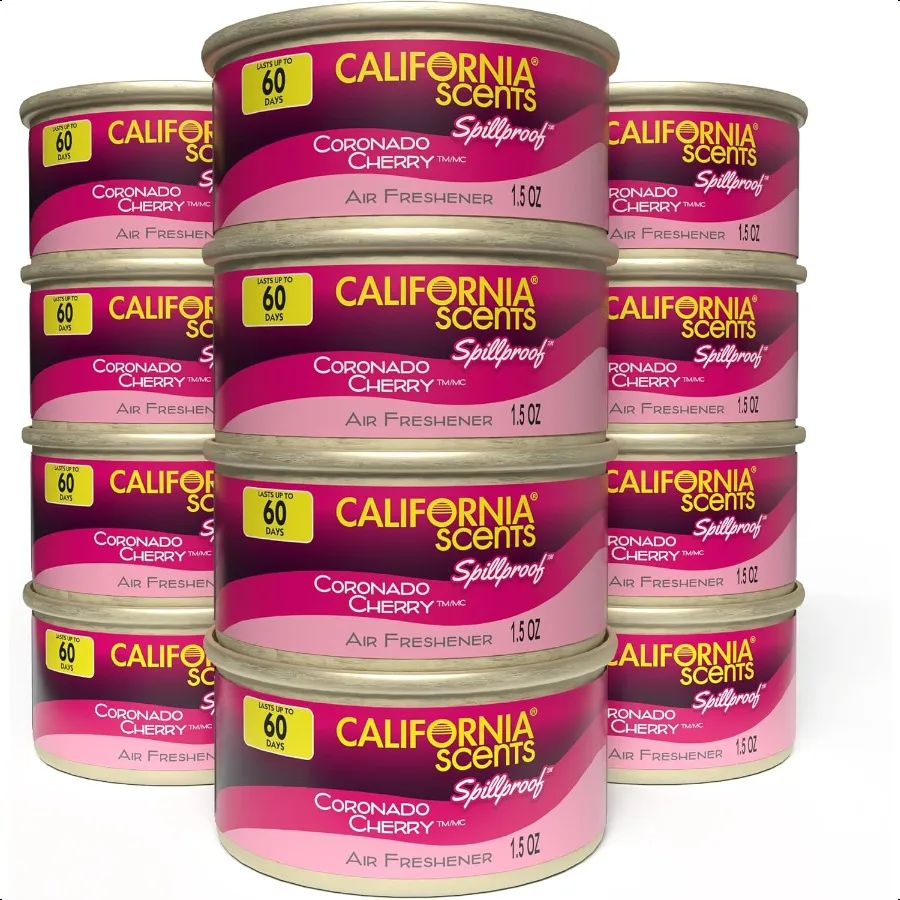 

Освежитель воздуха и нейтрализатор запаха от California Scents Набор из 12 водонепроницаемых банок для дома и автомобиля Coronado Cherry 1,5 унции E