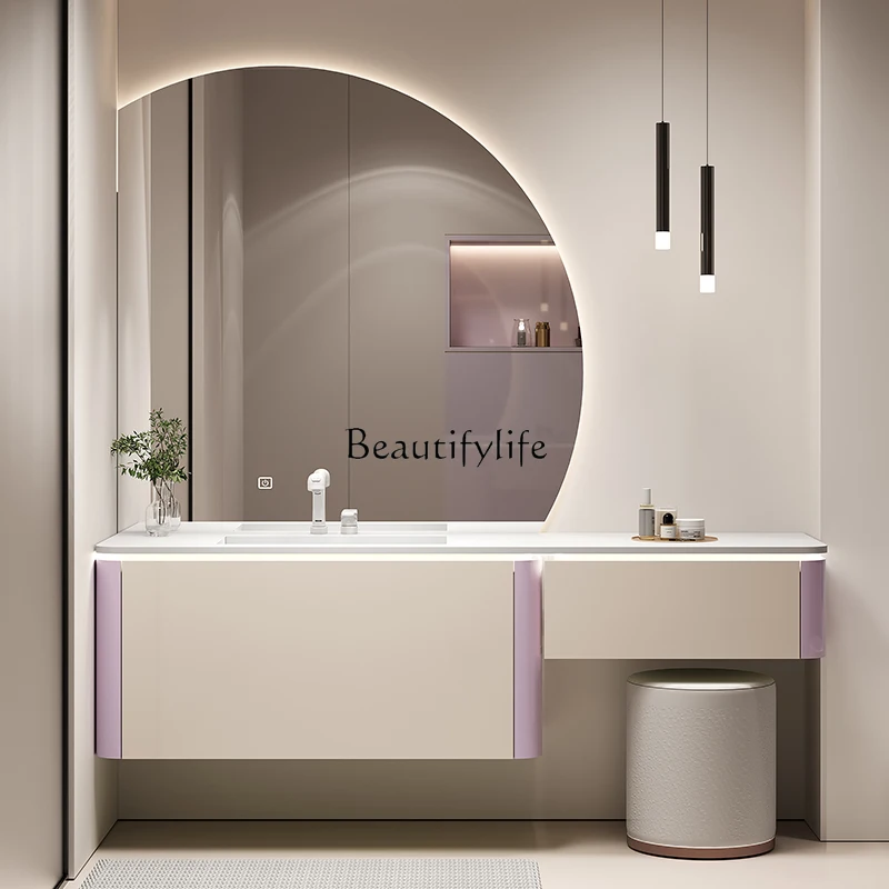 Simple oak bathroom cabinet integrated basin vanity slate bathroom combination