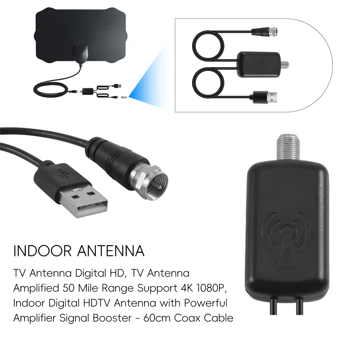 TV Antenna Digital HD, TV Antenna Amplified 50 Mile Range Support 4K 1080P, Indoor Digital HDTV Antenna with Powerful Amplifier