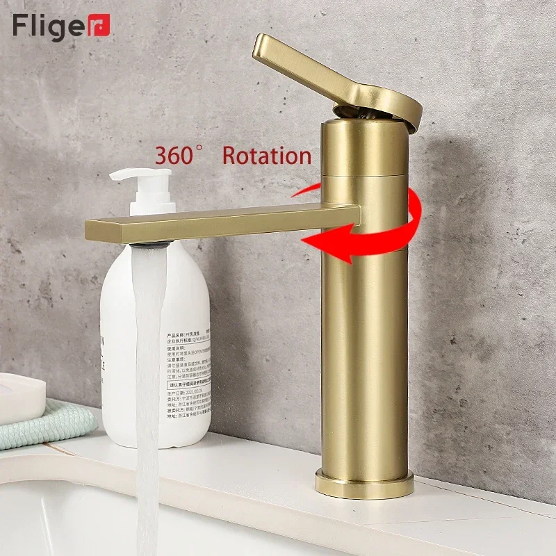 Fliger Tall Basin Faucet Brushed Gold Bathroom Sink Faucet Countertop Sink Faucet Hot Cold Bathroom Faucet 360° Rotating Mixer