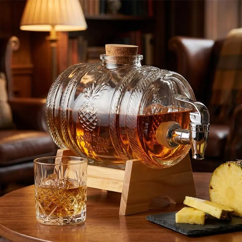 Hot Selling 2-liter Glass Bottle In The Shape Of A Cola Barrel Dispenser For Beverages Wine Containers With Faucet Base And Cork