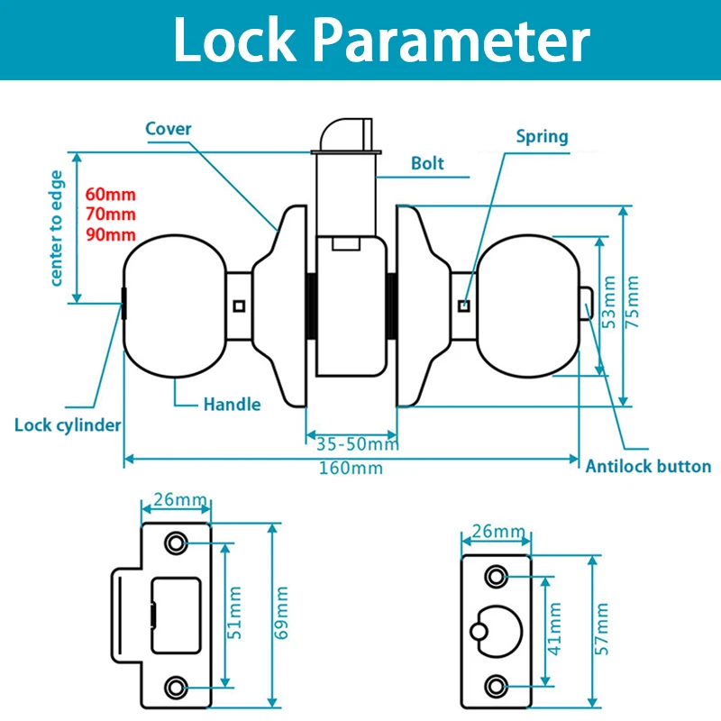 60/70mm Spherical Lock With Key Bedroom Door Ball Lock Copper core Stainless steel Universal Wooden Door Lock Round Lock