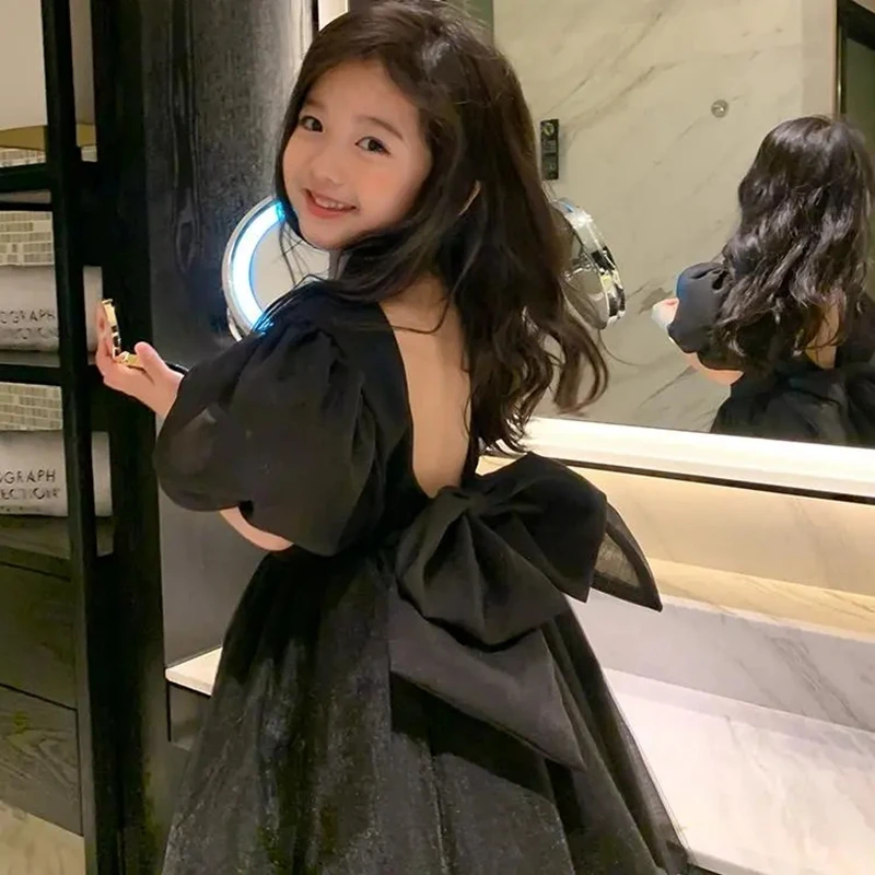 Kids Toddler Puff Sleeve Dresses with Big Bow Black  Backless Mesh Party Princess Dress for Girls Korean Style Girl Clothing 8 9