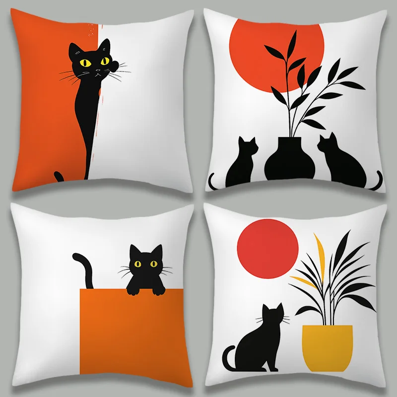 

Minimalist Black Cat & Plant Throw Pillow Covers, Mid-Century Modern Cat Print Cushion Cases, Terracotta & Red Sun Home Decor