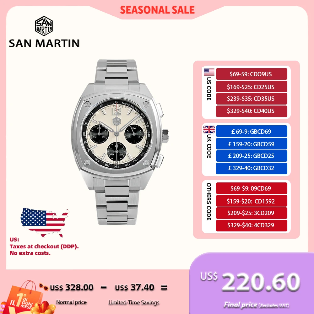 

San Martin 39.5mm VK63 Panda Quartz Chronograph Watch Men Clock Wristwatch Sport Butterfly Clasp Relogios Masculino SN0026JS