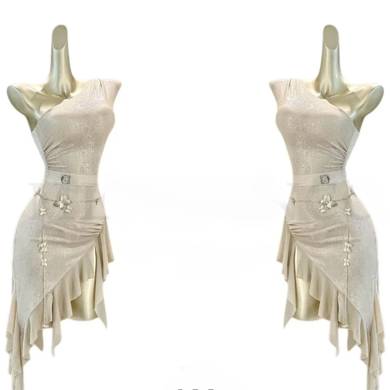 Sexy Latin Dance Kleid Anzug Frauen Off-the-schulter Taille Kette Rock Samban Rumba Salsa Dance Training Leistung sey Kostüm