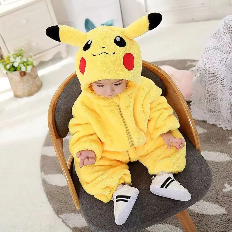 Cartoon Pikachu Shaped Baby Jumpsuit Spring And Autumn Thickened Baby Going Out One-Piece Pikachu Yellow Warm Clothes