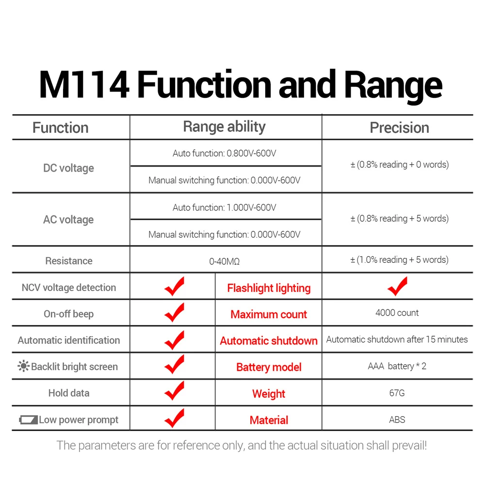 M114 Automatic Digital Multimeter ANENG 4000 Counts DC/AC Voltage Current Tester With Backlight NCV Resistance Data Test Meter