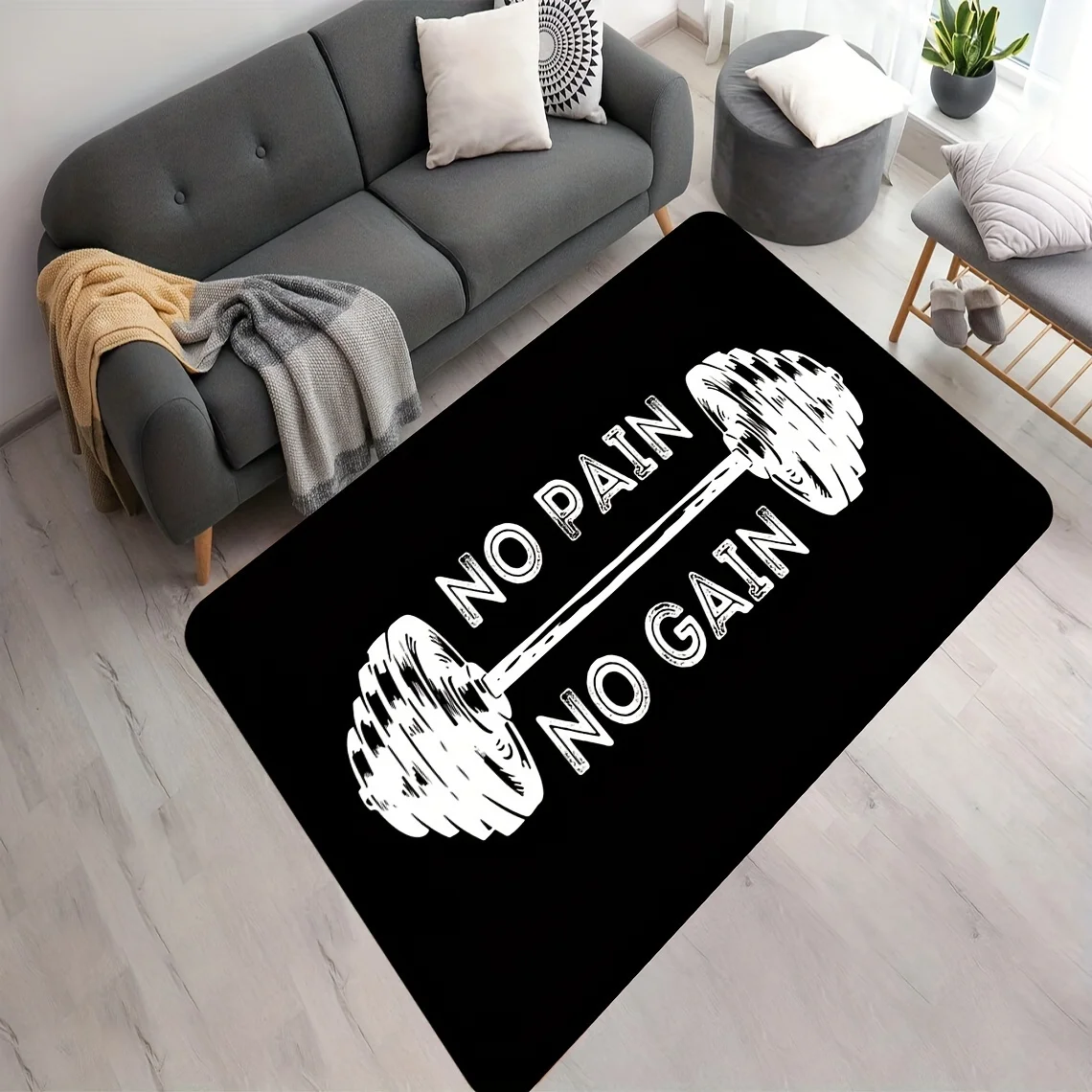 1pc 2D Flat Barbell No Pain No Gain Text Black Background Flannel Gym Mat Non Slip Fitness Motivation Rug For Home Workout Floor