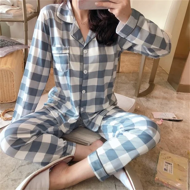 Women Silk Pajamas Sets Lapel Cardigan 2 Piece Blue Plaid Loungewear Long Sleeve Sleepwear Winter Casual Fashion Home Wear