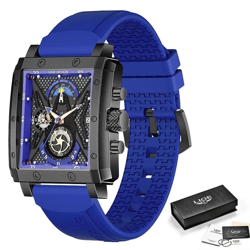 LIGE 남성용 실리콘 쿼츠 시계, 방수 크로노그래프, 24 시간 달 위상 시계 및 박스, 탑 브랜드 럭셔리, 새로운 패션